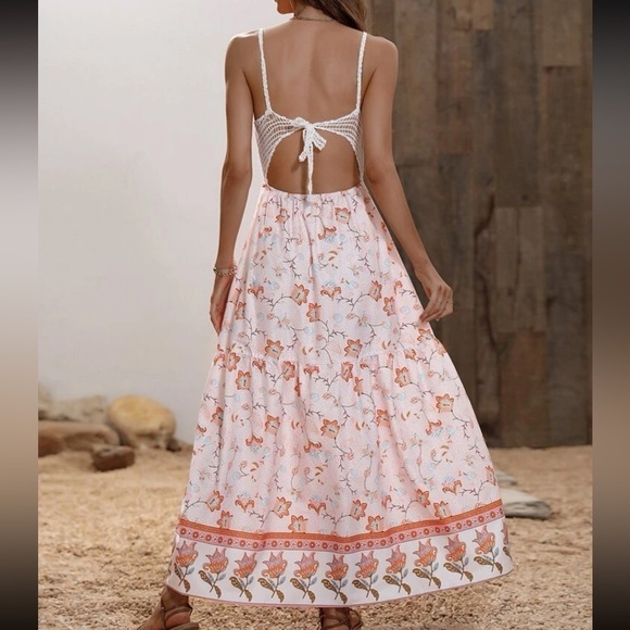 Rosie Bohemian Crochet Top Backless Floral Print Summer Maxi Sundress - Picture 2 of 12